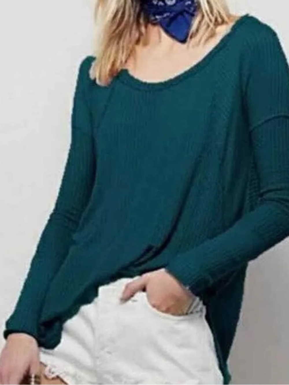 Free People Teal Long Sleeve Thermal Waffle Weave Henley T-Shirt size L